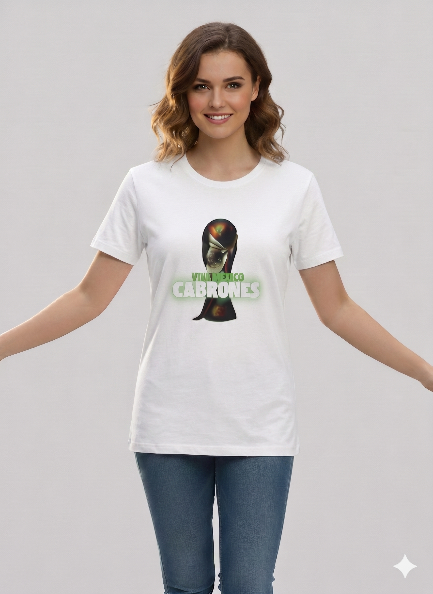 Mexican white soccer t-shirt with logo Viva Mexico Cabrones  100% cotton