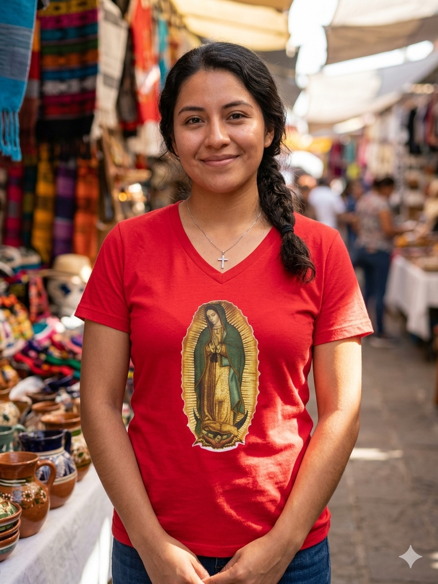 Short Sleeve Bella Canva V-neck with Virgin of Guadalupe logo 100% cotton