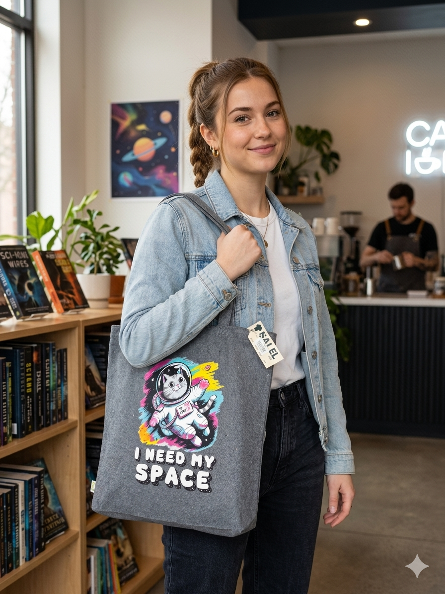 Tote bag with I need my space logo blue 100% recycled