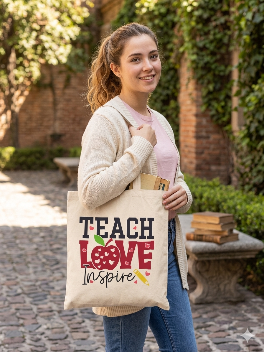 Tote Bag Teach Love Canva 100% Cotton