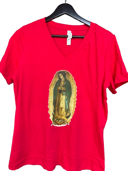 Short Sleeve Bella Canva V-neck with Virgin of Guadalupe logo 100% cotton